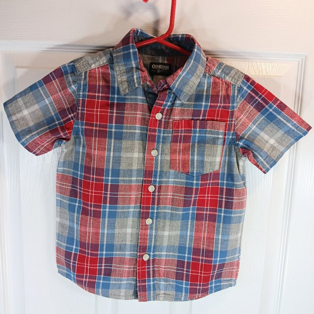 NWOT Oshkosh B'gosh Boys Size 4 Short Sleeve Button Down Shirt Red Blue Plaid